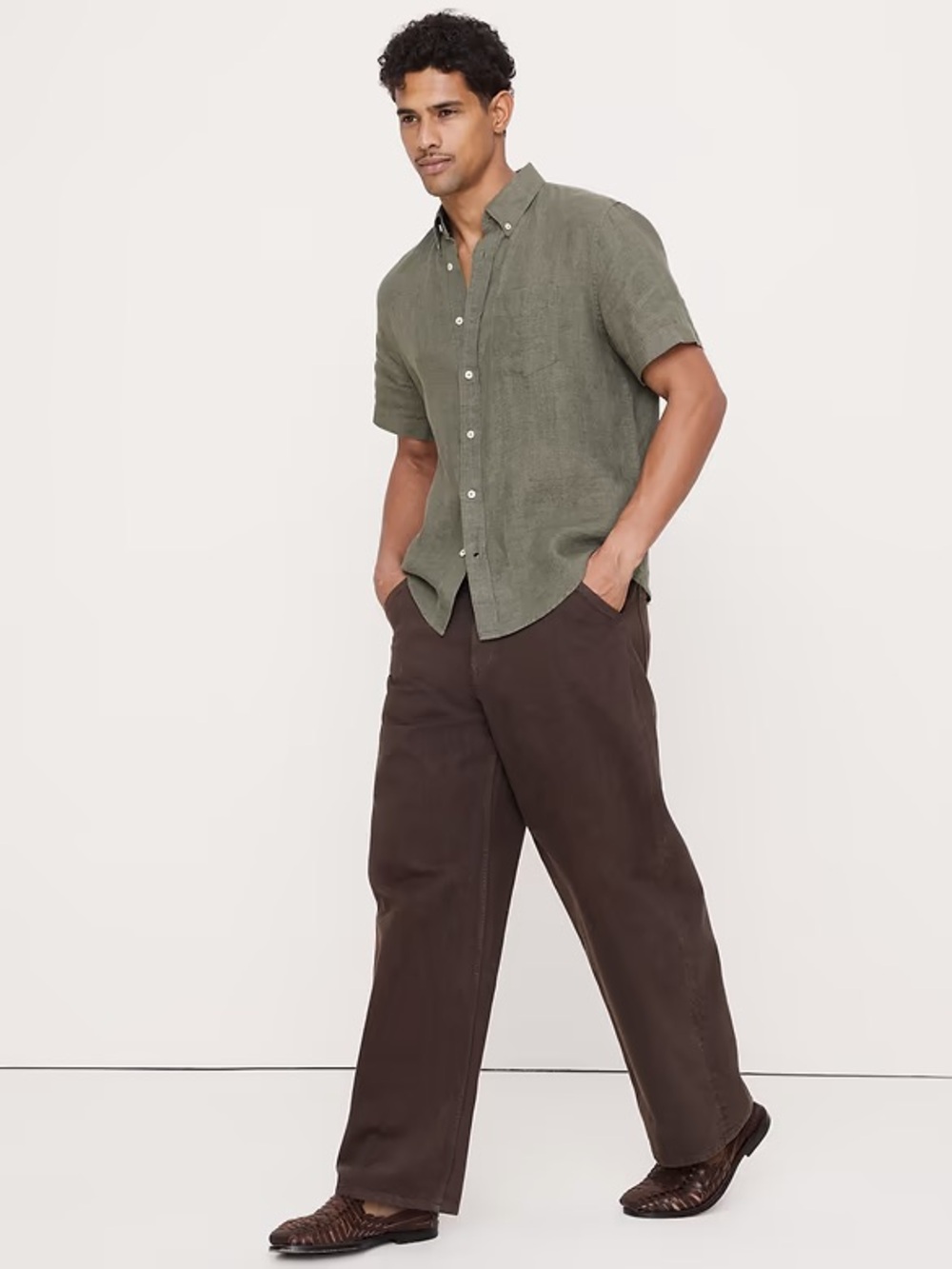 Olive Green STANDARD-FIT LINEN SHORT-SLEEVE SHIRT